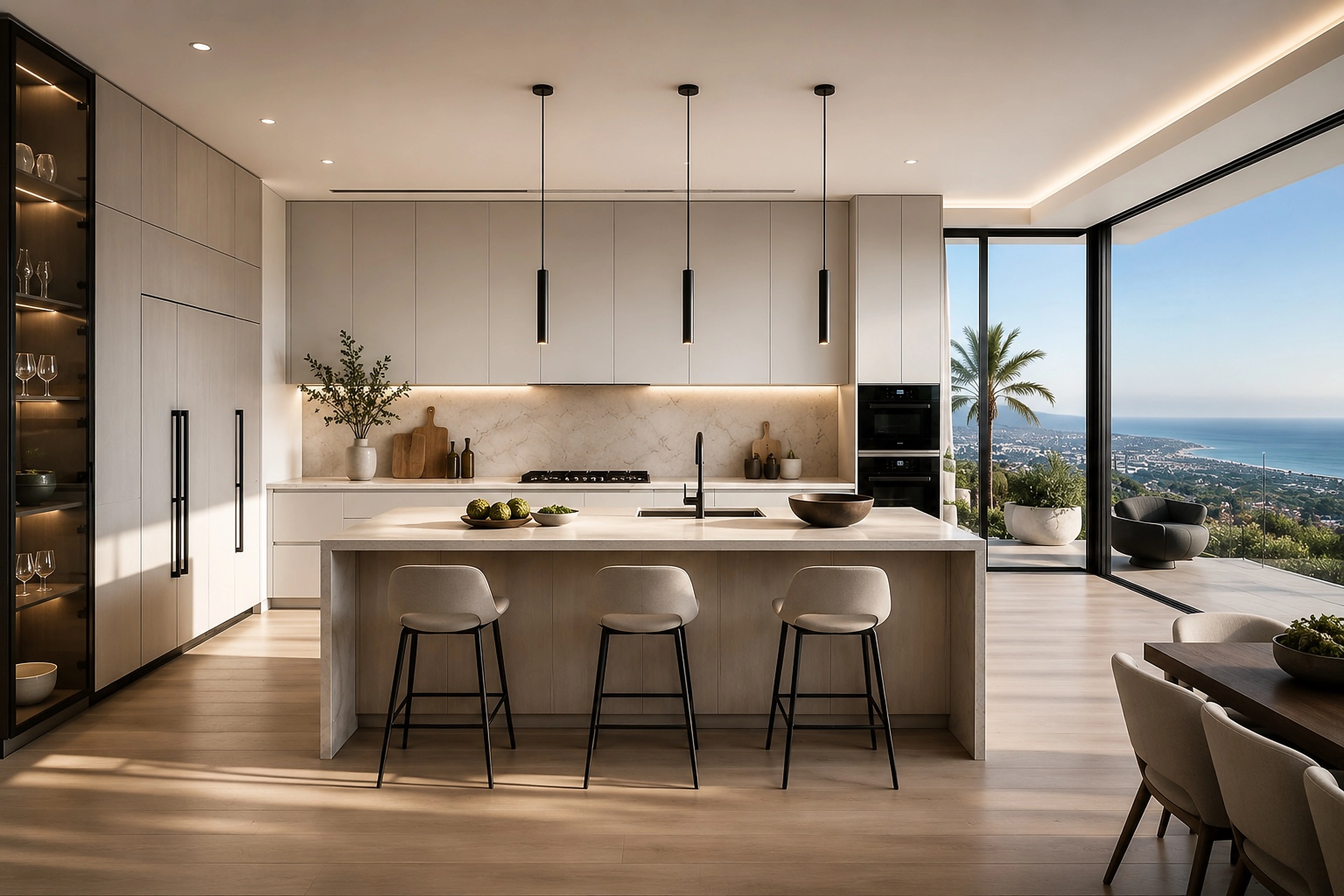 The selected HM kitchen design reference: cabinetry, island and window view